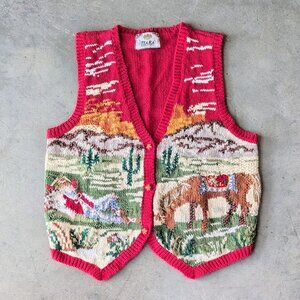Vintage Tiara Red Horse and Cowboy Western Scene Knit Sweater Vest